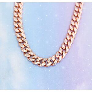 Vintage Rose Gold Tone Curb Colorless Rhinestones Chain Necklace 20 inch - J28